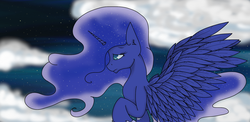 Size: 1500x732 | Tagged: safe, artist:ianotouta-way, princess luna, g4, cloud, cloudy, female, night, solo, spread wings