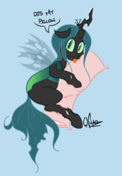 Size: 1080x1563 | Tagged: safe, artist:quarantinedchaoz, queen chrysalis, g4, cute, cutealis, female, on side, pillow, solo, tongue out