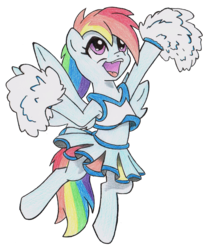 Size: 3708x4482 | Tagged: safe, artist:kp-shadowsquirrel, artist:outlaw-marston, rainbow dash, pegasus, pony, semi-anthro, g4, armpits, cheerleader, cheerleader outfit, clothes, colored, female, mare, midriff, open mouth, pom pom, simple background, skirt, solo, traditional art, transparent background