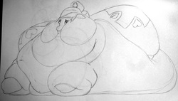 Size: 2000x1133 | Tagged: safe, artist:fatponysketches, nurse redheart, earth pony, pony, g4, belly, chubby cheeks, fat, female, impossibly large belly, monochrome, morbidly obese, nurse roundheart, obese, pencil drawing, rough sketch, sketch, solo, traditional art
