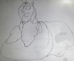 Size: 2000x1658 | Tagged: safe, artist:fatponysketches, princess cadance, alicorn, pony, g4, belly, fat, female, huge butt, impossibly large belly, impossibly large butt, large butt, monochrome, morbidly obese, no eyes, obese, pencil drawing, princess decadence, rough sketch, sketch, solo, traditional art, wip