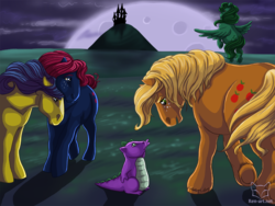 Size: 1000x750 | Tagged: safe, artist:rockadd, applejack (g1), bow tie (g1), bubbles (g1), medley, spike (g1), g1, rescue at midnight castle, adorabubbles, cute, hoers, jackabetes, medleybetes, midnight castle, moon, spikabetes, tieabetes