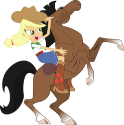 Size: 3000x3037 | Tagged: safe, artist:theshadowstone, applejack, horse, equestria girls, g4, clothes, cowboy hat, denim skirt, female, freckles, hat, high res, humans riding horses, open mouth, rearing, riding, simple background, skirt, solo, stetson, transparent background, vector