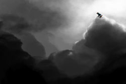 Size: 2500x1667 | Tagged: safe, artist:narbarnar, rainbow dash, pony, g4, cloudscape, female, lonely, monochrome, moody, sad, scenery, solo