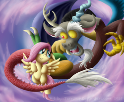 Size: 900x743 | Tagged: safe, artist:tarripup, discord, fluttershy, g4, female, flying, male, ship:discoshy, shipping, straight
