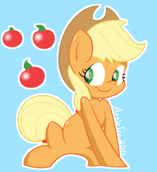 Size: 2448x2690 | Tagged: safe, artist:appletea, applejack, g4, chibi, cute, female, high res, simple background, sitting, smiling, solo