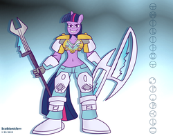 Size: 5000x4000 | Tagged: safe, artist:scobionicle99, twilight sparkle, anthro, g4, absurd resolution, armor, belly button, bionicle, crossover, female, kopaka, lego, midriff, solo, unconvincing armor, weapon