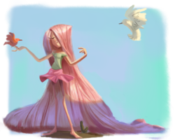Size: 2500x2000 | Tagged: safe, artist:verrmont, fluttershy, bird, human, g4, clothes, eyes closed, female, flattershy, hair over one eye, high res, humanized, skinny, skirt, solo, thin
