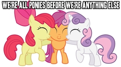 Size: 1280x711 | Tagged: safe, apple bloom, scootaloo, sweetie belle, g4, caption, cutie mark crusaders, happy, hug, smiling, text