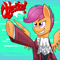 Size: 1024x1024 | Tagged: safe, artist:melisong777, scootaloo, g4, ace attorney, cosplay, miles edgeworth, objection