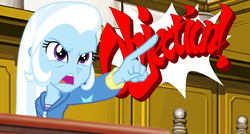 Size: 1884x1008 | Tagged: safe, artist:niegelvonwolf, artist:smbz200, trixie, equestria girls, g4, guitar centered, my little pony equestria girls: rainbow rocks, ace attorney, angry, blue skin, clothes, courtroom, crossover, female, jacket, lawyer, objection, open mouth, phoenix wright, pointing, purple eyes, solo, teeth, two toned hair, white hair