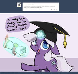Size: 1280x1229 | Tagged: safe, artist:artguydis, oc, oc only, oc:disastral, ask disastral, broken horn, diploma, fire, graduation cap, hat, horn, scroll, solo, tumblr