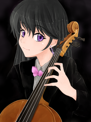 Size: 900x1200 | Tagged: safe, artist:d-tomoyo, octavia melody, human, g4, black background, cello, female, humanized, looking at you, musical instrument, simple background, solo