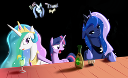 Size: 1415x864 | Tagged: safe, artist:spacehunt, princess celestia, princess luna, twilight sparkle, alicorn, pony, g4, alcohol, bar, drink, female, hennessy, heresy, mare, shot glass, twilight sparkle (alicorn), warhammer (game), warhammer 40k