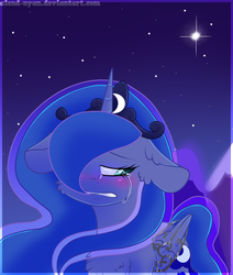 Size: 952x1125 | Tagged: safe, artist:gnidagovnida, princess luna, alicorn, pony, g4, crying, female, floppy ears, hair over one eye, looking sideways, night, sad, solo, stars