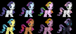 Size: 2200x1000 | Tagged: safe, artist:pika-robo, cherry spices, lemony gem, nightmare moon, nightmare rarity, rainbow flash, rarity, rarity (g3), sparkler (g1), sweetie belle, g1, g3, 3d, alternate clothes, g1 to g4, g3 to g4, generation leap, palette swap, source filmmaker