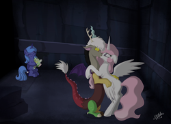 Size: 1024x745 | Tagged: safe, artist:dalilastar, discord, princess celestia, princess luna, g4, female, filly, kissing, male, now kiss, pink-mane celestia, s1 luna, ship:dislestia, shipper on deck, shipping, signature, straight, voodoo doll, woona, young, younger