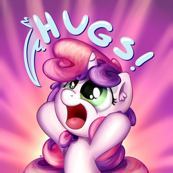 Size: 1400x1400 | Tagged: dead source, safe, artist:bobdude0, sweetie belle, pony, unicorn, g4, cute, dialogue, diasweetes, female, filly, hug, hug request, open mouth, pink background, simple background, solo