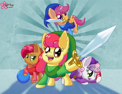 Size: 1000x773 | Tagged: safe, artist:clouddg, apple bloom, babs seed, scootaloo, sweetie belle, earth pony, pegasus, pony, unicorn, g4, bomb, cosplay, cutie mark crusaders, hat, hoof hold, link, mouth hold, rupee, sunburst background, sword, the legend of zelda, the legend of zelda: four swords, tunic, weapon