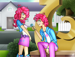 Size: 2400x1800 | Tagged: safe, artist:monnarcha, pinkie pie, equestria girls, g4, bubble berry, duo, equestria guys, female, flower, humanized, male, rule 63, self ponidox, selfcest, ship:bubblepie, shipping, sitting, straight