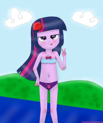 Size: 1776x2128 | Tagged: safe, artist:ytpinkiepie2, twilight sparkle, equestria girls, g4, beach, bikini, clothes, female, flower, peace sign, solo, swimsuit, tongue out