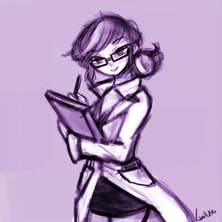 Size: 500x500 | Tagged: safe, artist:lumineko, sci-twi, twilight sparkle, equestria girls, g4, alternate hairstyle, clipboard, clothes, female, glasses, lab coat, looking at you, smiling, solo