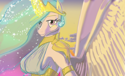 Size: 7425x4500 | Tagged: safe, artist:threewontoo, princess celestia, anthro, g4, absurd resolution, armpits, breasts, clothes, female, looking at you, magic, praise the sun, sideboob, smiling, solo, spread wings