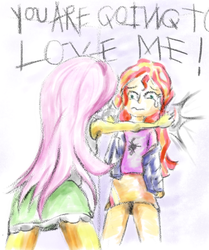 Size: 928x1110 | Tagged: dead source, safe, artist:trixsun, fluttershy, sunset shimmer, equestria girls, g4, duo, female, flutterrage, lesbian, role reversal, ship:sunshyne, shipping, you're going to love me