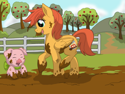 Size: 1024x768 | Tagged: safe, artist:itstaylor-made, oc, oc only, oc:clementine, pig, mud, offspring, parent:big macintosh, parent:fluttershy, parents:fluttermac, pet, pet oc