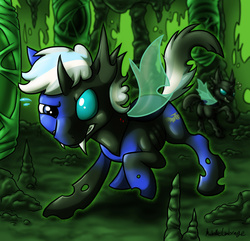 Size: 900x866 | Tagged: safe, artist:metallicumbrage, oc, oc only, oc:dhey, changeling, goo, biting, cave, changelingified, hive, transformation