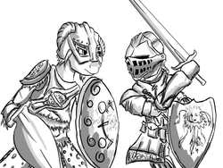 Size: 800x600 | Tagged: safe, artist:patarta frita, big macintosh, earth pony, pony, g4, armor, crossover, dark souls, male, monochrome, skyrim, stallion, sword, the elder scrolls