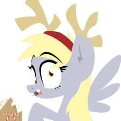 Size: 1280x1280 | Tagged: safe, artist:zvn, derpy hooves, pegasus, pony, g4, candy cane, christmas, derp, eating, female, gingerbread house, looking at you, mare, raised hoof, reindeer antlers, solo, spread wings