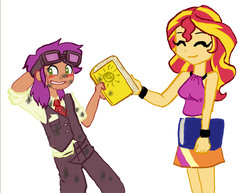 Size: 1482x1145 | Tagged: safe, artist:redanon, sunset shimmer, oc, oc:fidgety dandelion, equestria girls, g4, blushing, book, dirty, equestria girls-ified