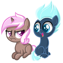 Size: 1440x1440 | Tagged: safe, artist:thecheeseburger, brown sugar, lightning flare, earth pony, pony, unicorn, g4, 5-year-old, background pony, colt, duo, filly, foal, simple background, transparent background