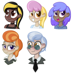 Size: 3600x3600 | Tagged: safe, artist:thecheeseburger, blueberry punch, cloud showers, lady justice, midnight strike, swift justice, tall order, human, g4, background pony, blushing, choker, closed mouth, dark skin, excited, grin, happy, high res, humanized, light skin, necktie, open mouth, open smile, simple background, smiling, sunglasses, transparent background, unbrella drops, yay