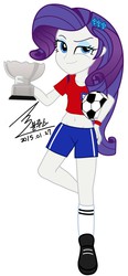 Size: 900x1933 | Tagged: safe, artist:bluse, rarity, equestria girls, g4, belly button, clothes, female, football, midriff, shirt, shoes, shorts, show accurate, simple background, solo, trophy, white background