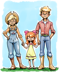 Size: 573x700 | Tagged: safe, artist:taritoons, apple bloom, applejack, big macintosh, human, g4, apple family, apple siblings, belt, boots, clothes, cowboy boots, cowboy hat, denim, hat, holding hands, human coloration, humanized, jeans, pants, shirt, shoes, simple background