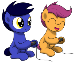 Size: 2157x1803 | Tagged: safe, scootaloo, oc, g4, duo, eyes closed, race swap, sitting, video game, wingless