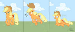 Size: 1197x506 | Tagged: safe, artist:naira, applejack, earth pony, pony, g4, the last roundup, ..., comic, cowboy hat, exclamation point, fail, falling, female, hat, interrobang, mare, question mark, solo