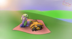 Size: 1280x702 | Tagged: safe, artist:the-furry-railfan, oc, oc only, oc:gamma ray, oc:twintails, pegasus, pony, unicorn, fallout equestria, fallout equestria: occupational hazards, blanket, dream, field, imminent death, nightmare, story