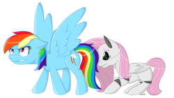 Size: 900x509 | Tagged: safe, alternate version, artist:missitofu, fluttershy, rainbow dash, pegasus, pony, robot, robot pony, g4, duo, duo female, female, flutterbot, gritted teeth, lesbian, protecting, roboticization, ship:flutterdash, shipping, simple background, spread wings, teeth, transparent background, wings