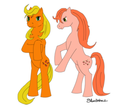 Size: 700x600 | Tagged: safe, artist:lelunae, applejack (g1), cherries jubilee, pony, g1, bipedal