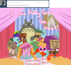 Size: 1000x908 | Tagged: safe, artist:tentacuddles, ruby pinch, scootaloo, ask pinchy, g4, ask, crossover, plushie, totoro, tumblr