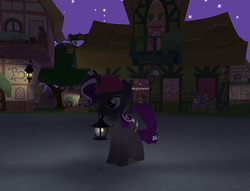 Size: 733x560 | Tagged: safe, nightmare rarity, pony, unicorn, legends of equestria, g4, 3d, building, female, female focus, hat, lamp, night, solo focus, starry sky