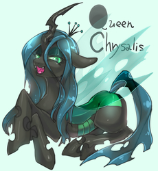 Size: 3277x3563 | Tagged: safe, artist:bifrst, queen chrysalis, changeling, changeling queen, g4, fangs, female, high res, looking at you, pixiv, prone, solo