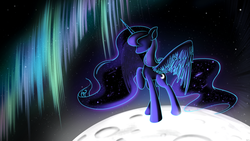 Size: 4800x2700 | Tagged: safe, artist:flamevulture17, princess luna, g4, aurora borealis, female, high res, moon, raised hoof, solo, space, wallpaper