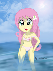 Size: 5100x6800 | Tagged: safe, artist:sumin6301, fluttershy, equestria girls, g4, absurd resolution, belly button, bikini, cleavage, clothes, female, legs in the water, midriff, ocean, off shoulder, partially submerged, solo, swimsuit
