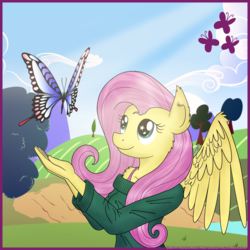 Size: 4000x4000 | Tagged: safe, artist:greenlinzerd, fluttershy, butterfly, anthro, g4, absurd resolution, beautiful, bra strap, clothes, collarbone, ear fluff, extra pony, female, looking up, off shoulder, off shoulder sweater, outdoors, solo, starry eyes, sweater, sweatershy, traditional art, wingding eyes