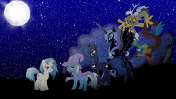 Size: 1600x900 | Tagged: safe, artist:moongazerthepony, discord, dj pon-3, nightmare moon, princess luna, trixie, vinyl scratch, pony, unicorn, g4, female, glowing, mare, moon, night, wallpaper