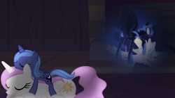 Size: 1920x1080 | Tagged: safe, artist:fuge269, nightmare moon, princess celestia, princess luna, g4, blurry, cewestia, cuddling, filly, snuggling, vector, wallpaper, woona